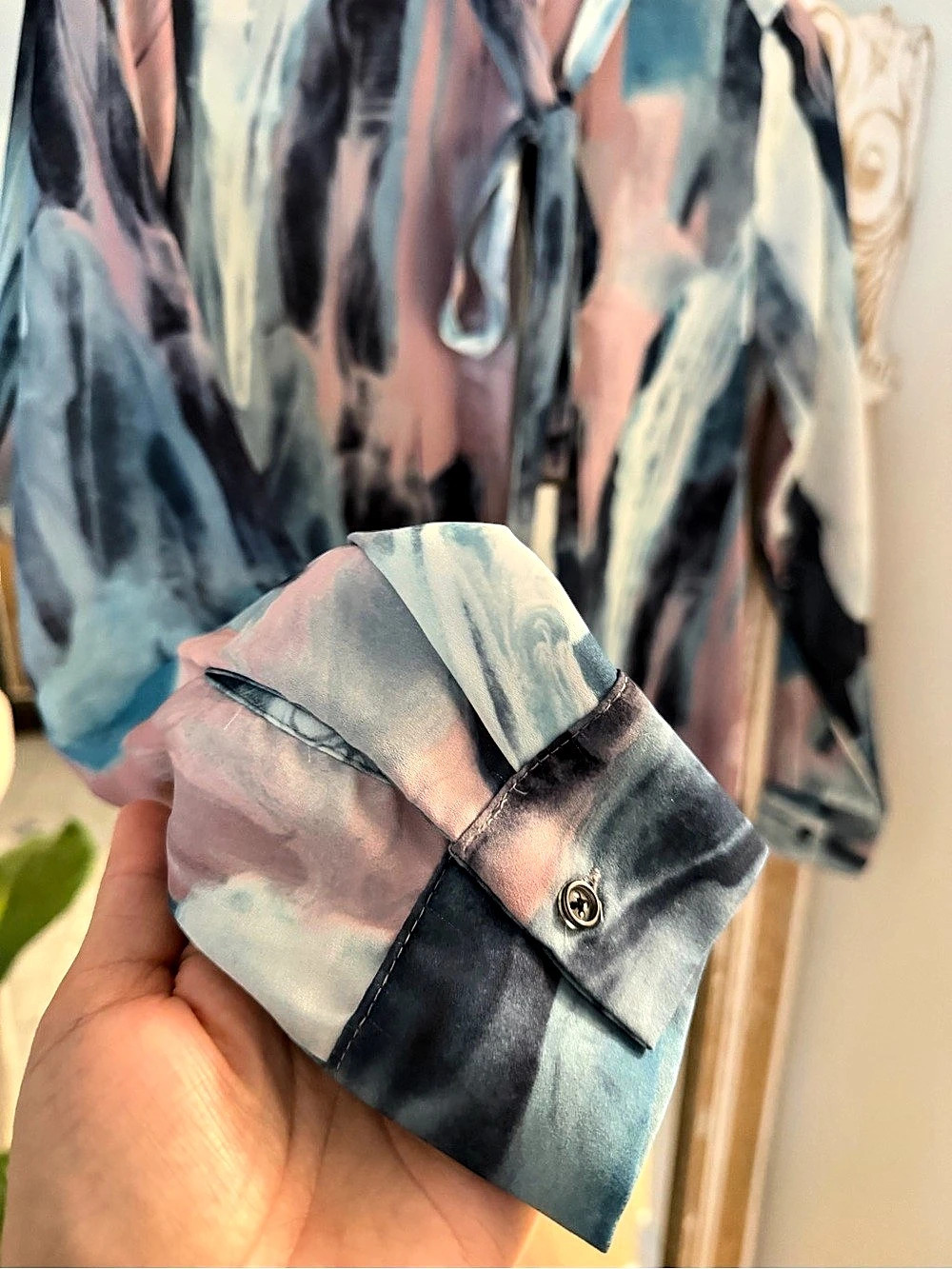 Abstract Print Tie Neck Shirt in Blue & Pink Like New - Picture 7 of 8